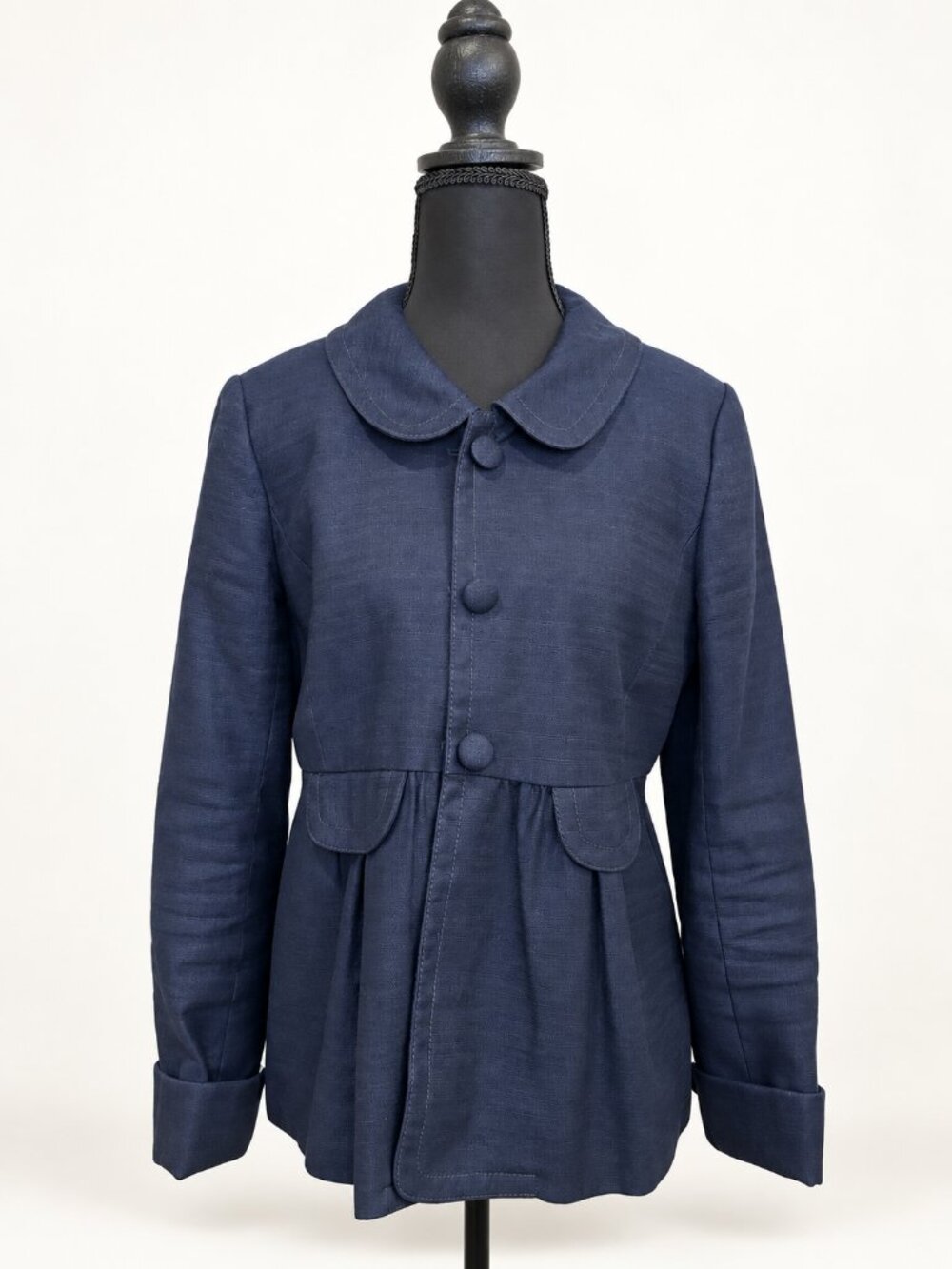 J.Crew Navy Cotton Linen Peplum Jacket Size 8 Colorful Dot Lining